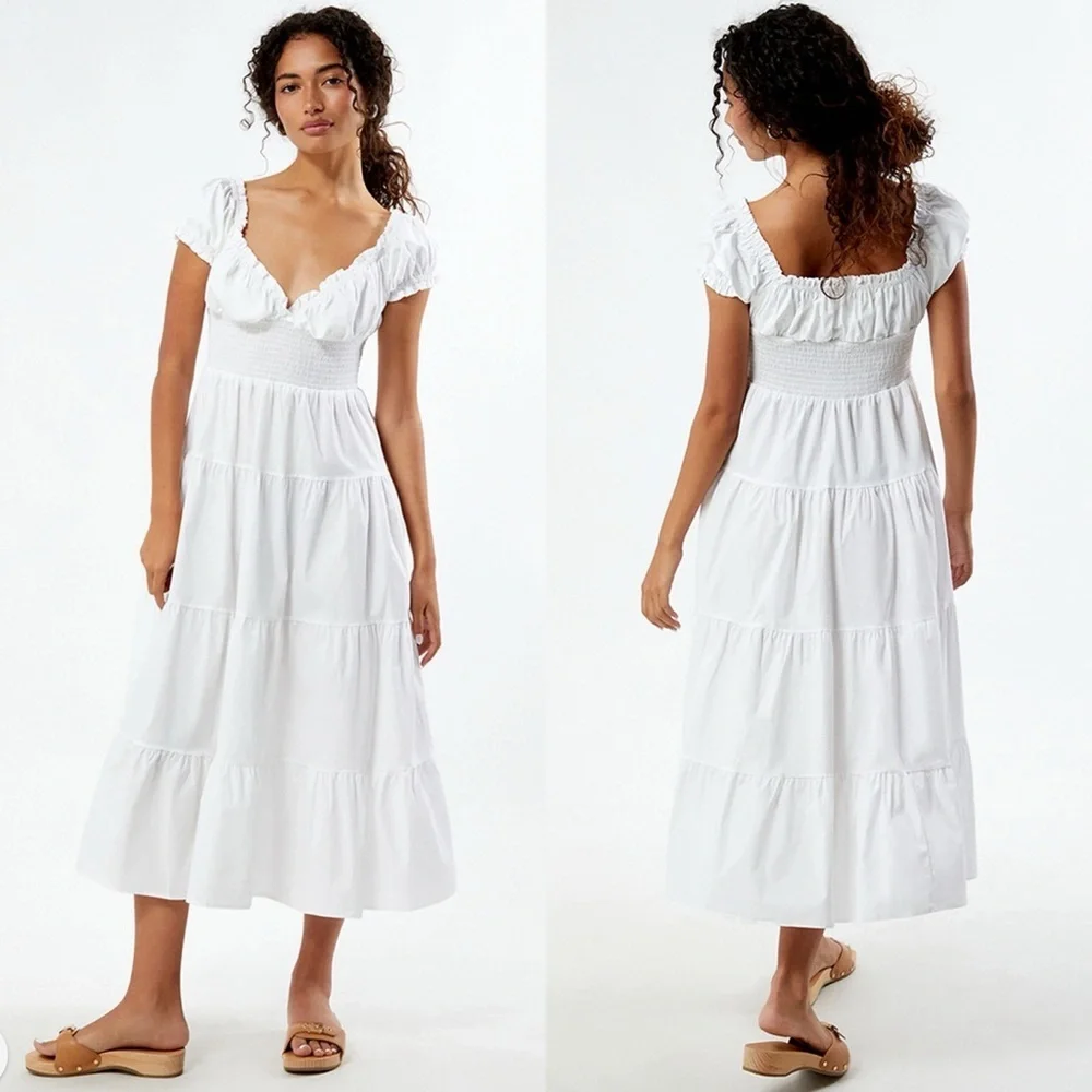 O.P.T Puff Sleeve Smocked Midi Dress in Classic White - Picture 2 of 8